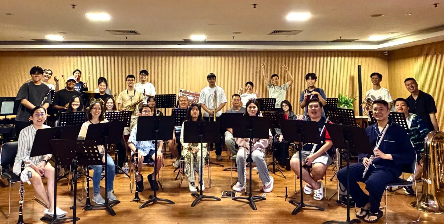 The Wind Academia band, learners of every age with their instruments, at a Saturday rehearsal