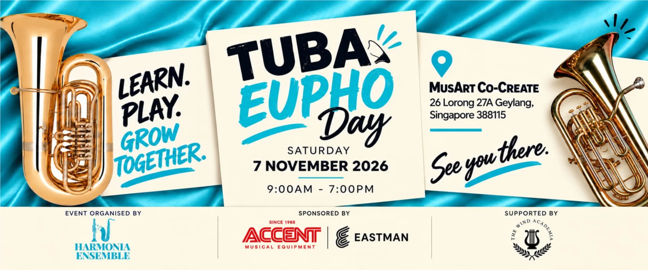 Tuba Euphonium Day banner: Saturday 7 November 2026 at MusArt Co-Create