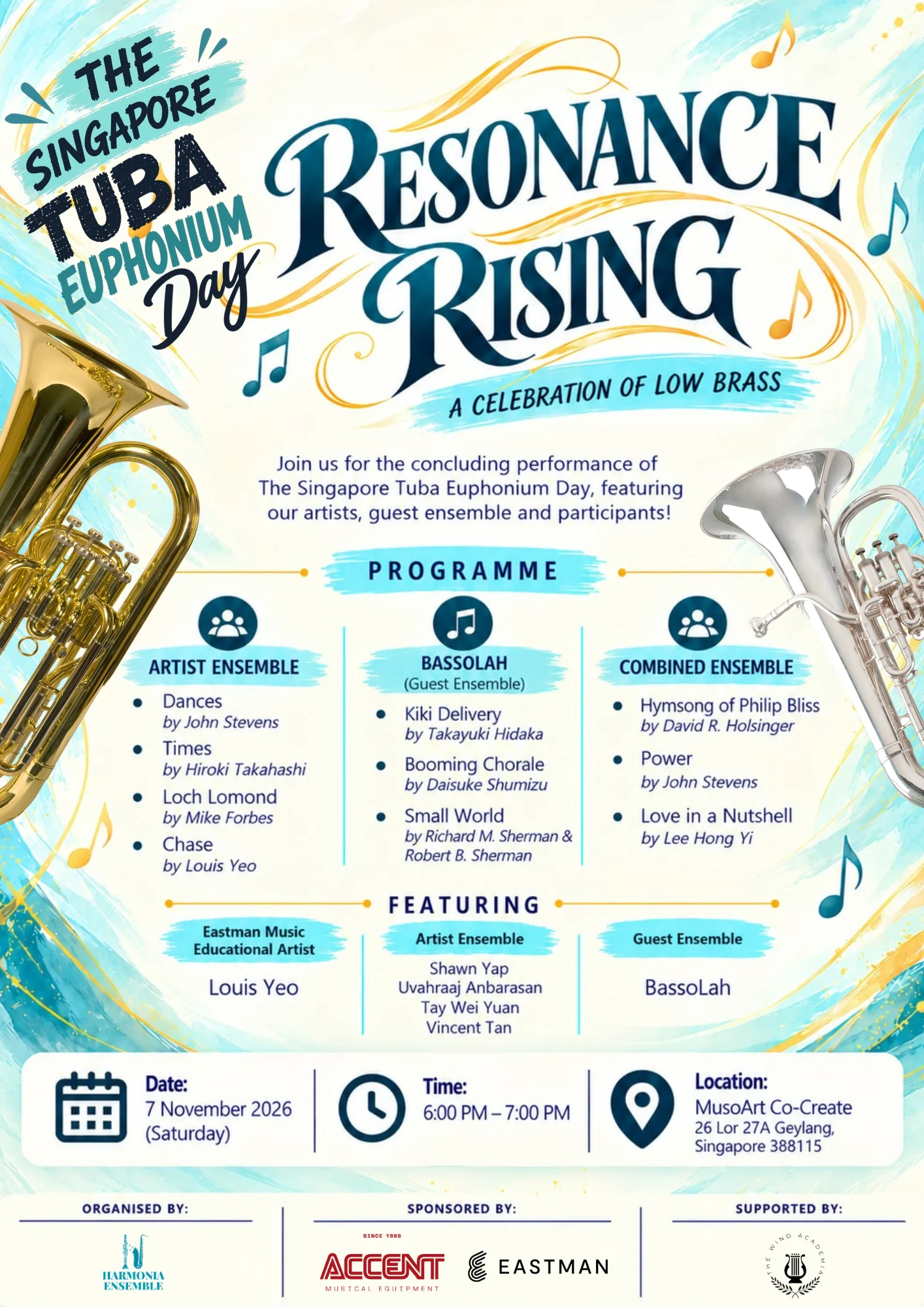 Resonance Rising poster: The Singapore Tuba Euphonium Day, a celebration of low brass, with the programme and performers, Saturday 7 November 2026, 6 to 7 pm, MusArt Co-Create