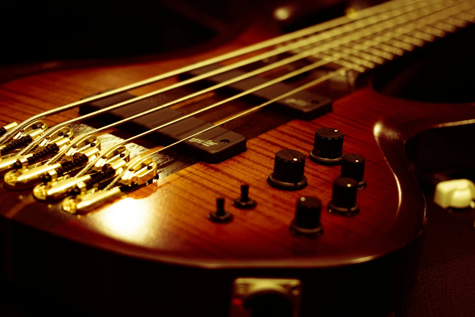 Close-up of a red five-string bass guitar with gold hardware