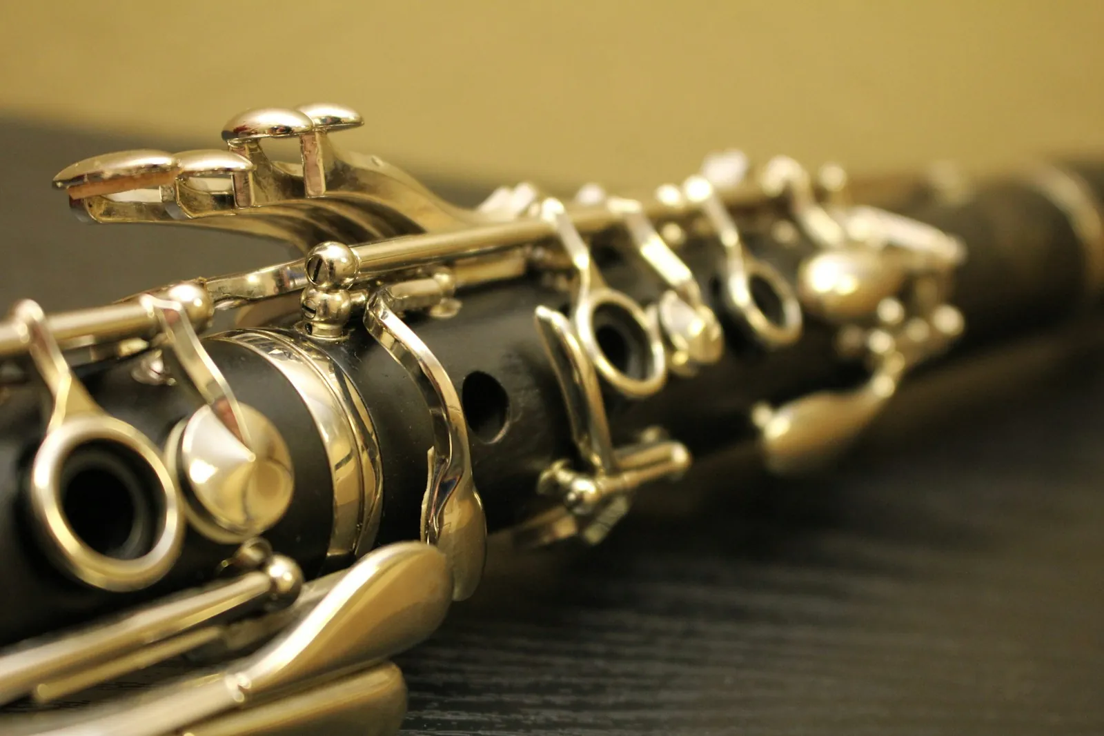 Close-up of the keys of a black clarinet