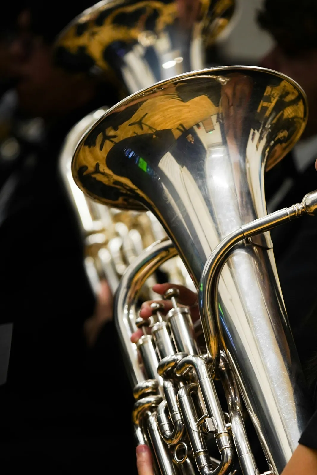 A silver euphonium played in a brass band