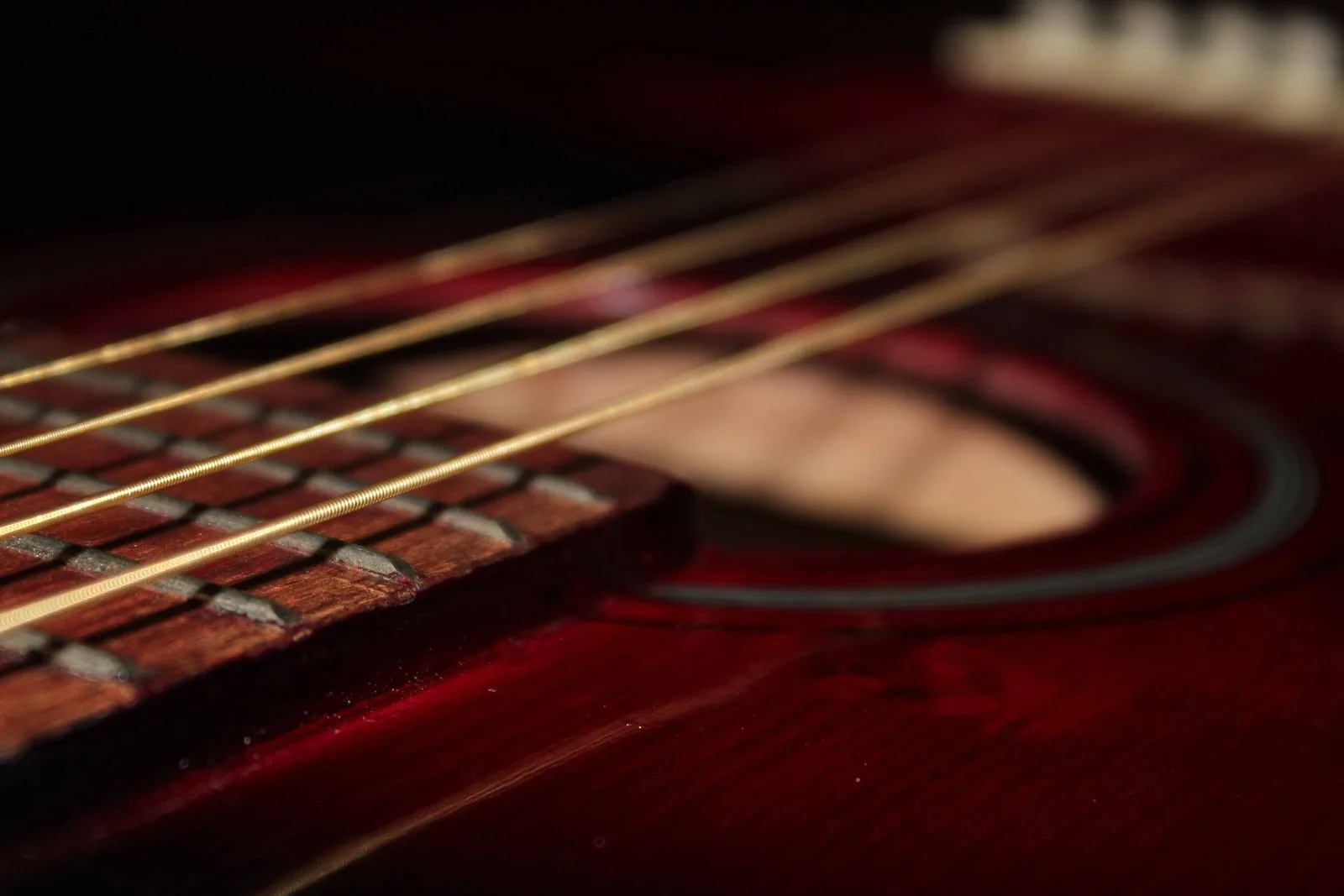 Close-up of the strings and sound hole of an acoustic guitar