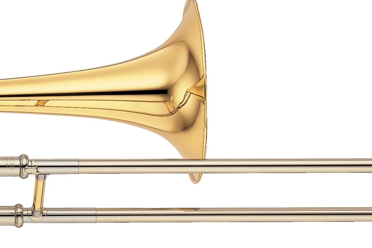 Close-up of the bell and slide of a brass trombone