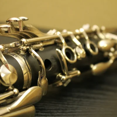 Close-up of the keys of a black clarinet