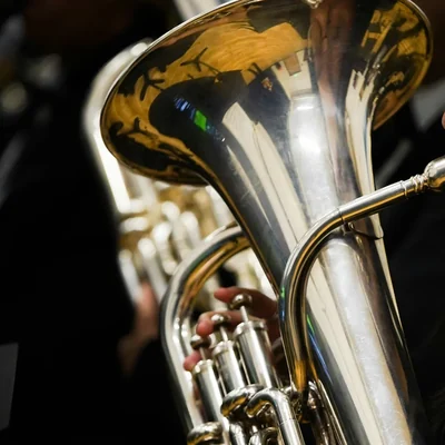 A silver euphonium played in a brass band