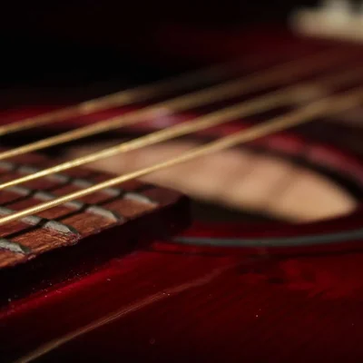 Close-up of the strings and sound hole of an acoustic guitar