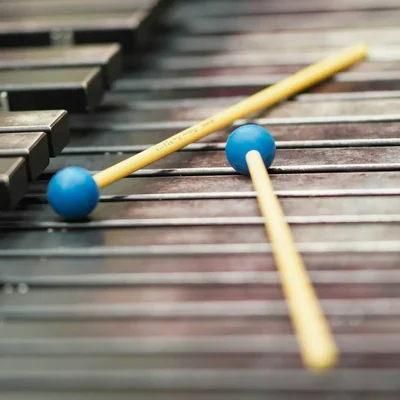 Two mallets resting on a vibraphone