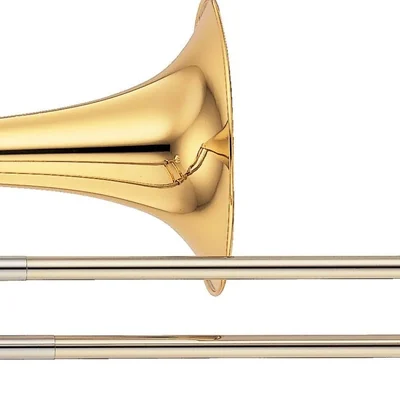 Close-up of the bell and slide of a brass trombone